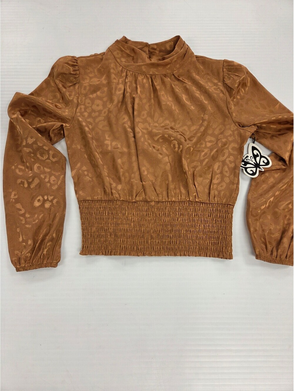 Self Esteem Medium Brown Jacquard Long Sleeve Blouse with Smocked Waist